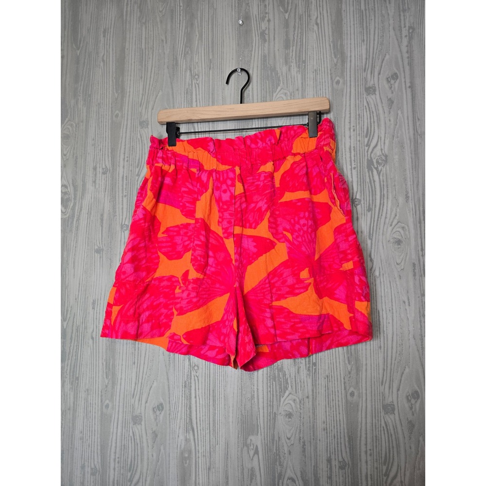 Scoop Womens Pink Orange Butterfly Print Linen Blend Paperbag Shorts SS-1668 L